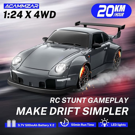 RC Drift Car, 1:24 Remote Control Car for Kids, 20KM/H 4WD High Speed RC Cars with LED Lights, Two Batteries, Extra Drifting Tires, Vehicle for Adults Boys Girls